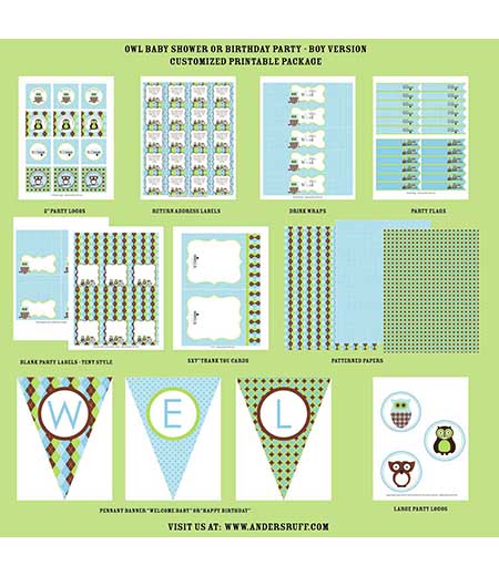 Owl Baby Shower or Birthday Party Printables Collection - Blue